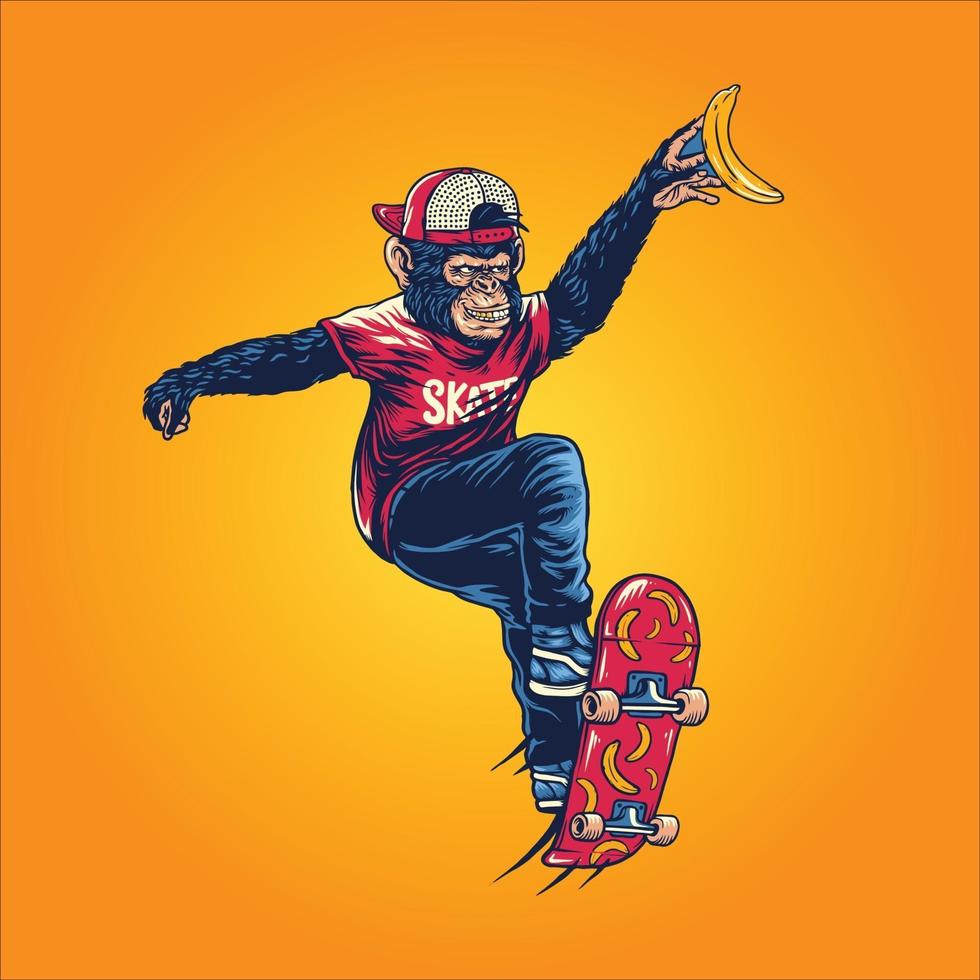scimmia che gioca sullo skateboard isolato vettore