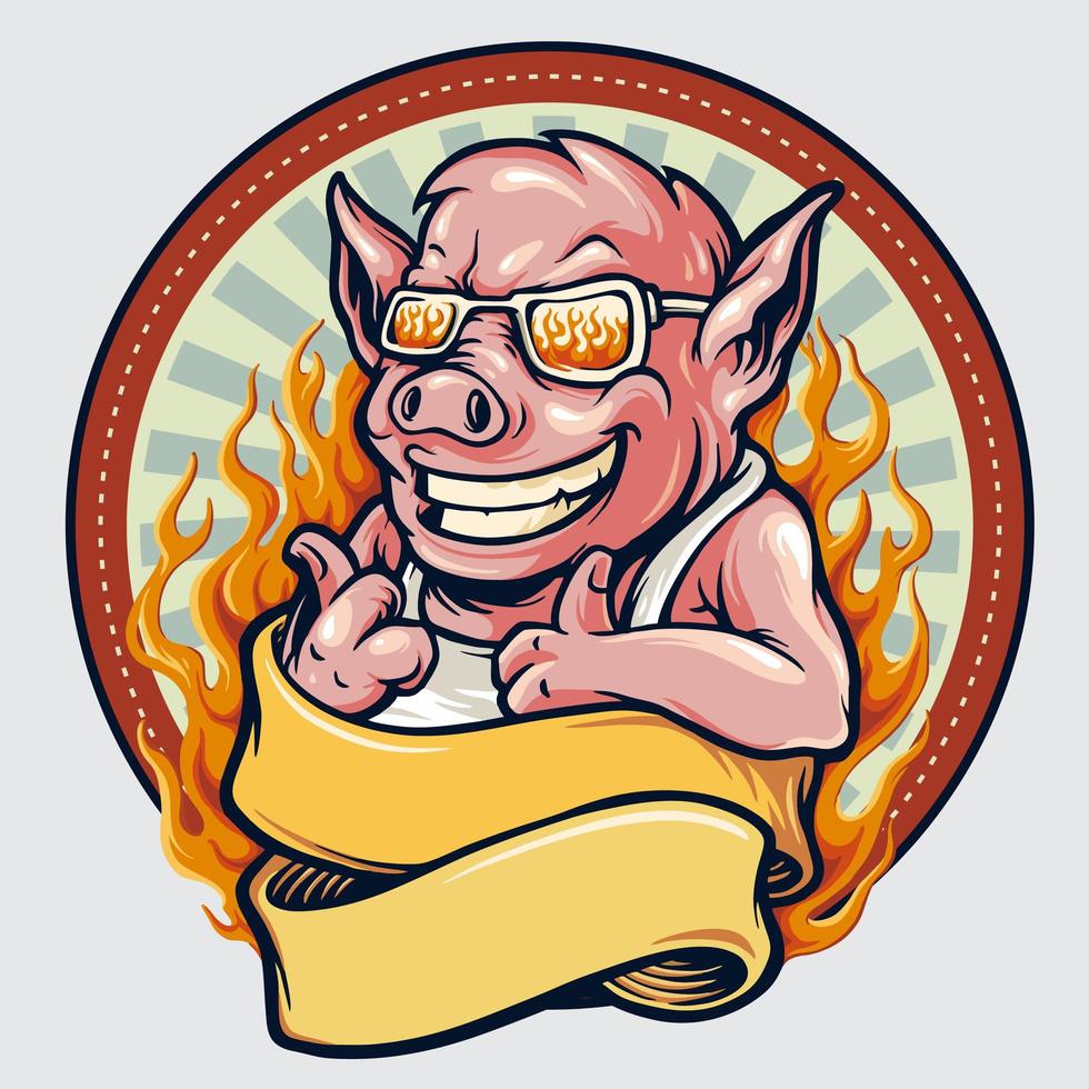 emblema mascotte maiale vintage con nastro e fuoco vettore