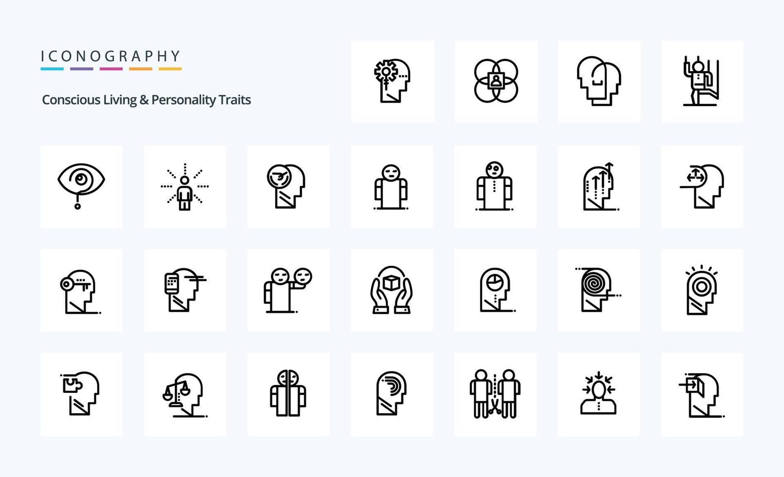 25 consapevole vivente e personalità tratti linea icona imballare vettore