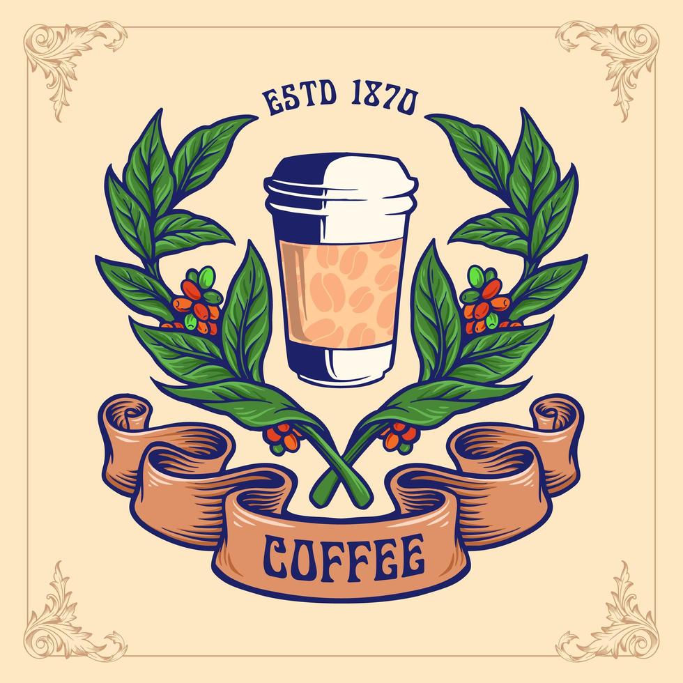 tazza di caffè con rami e illustrazione banner vettore