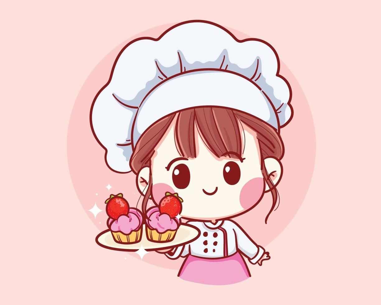 carino panificio chef ragazza con torta di fragole sorridente fumetto illustrazione arte vettore