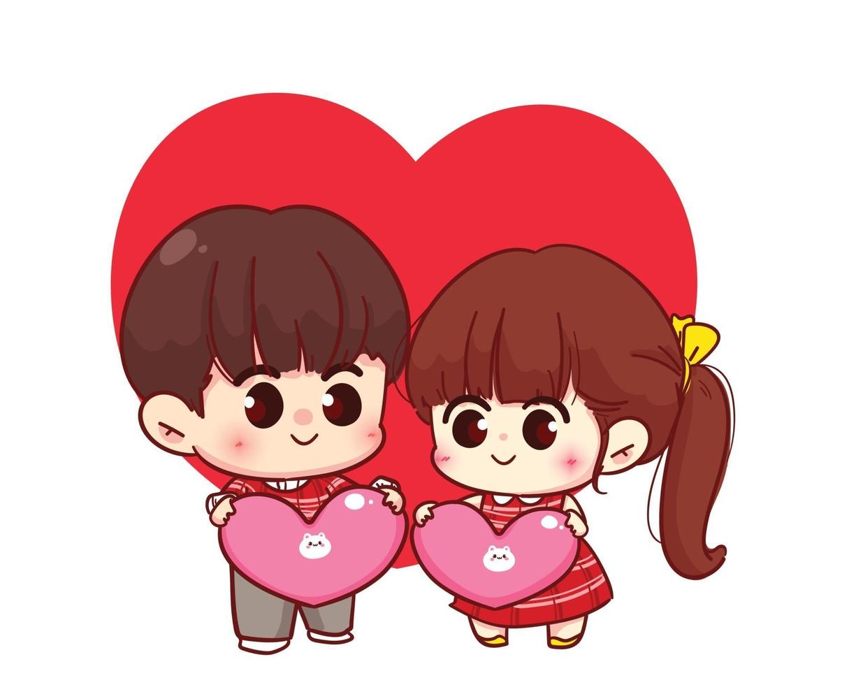 coppia di amanti che tengono il cuore insieme illustrazione del personaggio dei cartoni animati di San Valentino felice vettore
