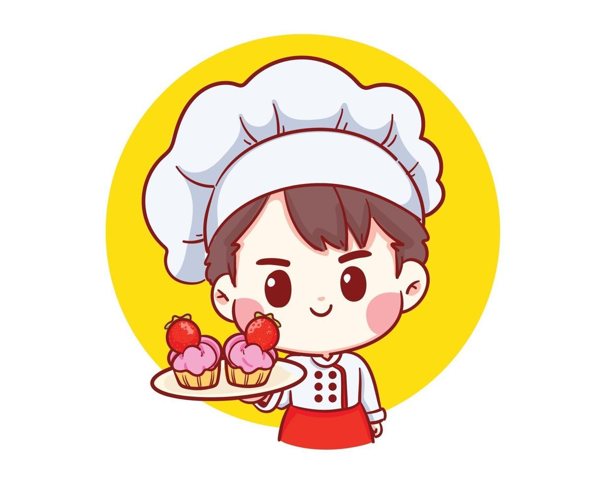 carino, panificio, chef, ragazzo, presa a terra, torta fragola, sorridente, cartone animato, arte, illustrazione vettore