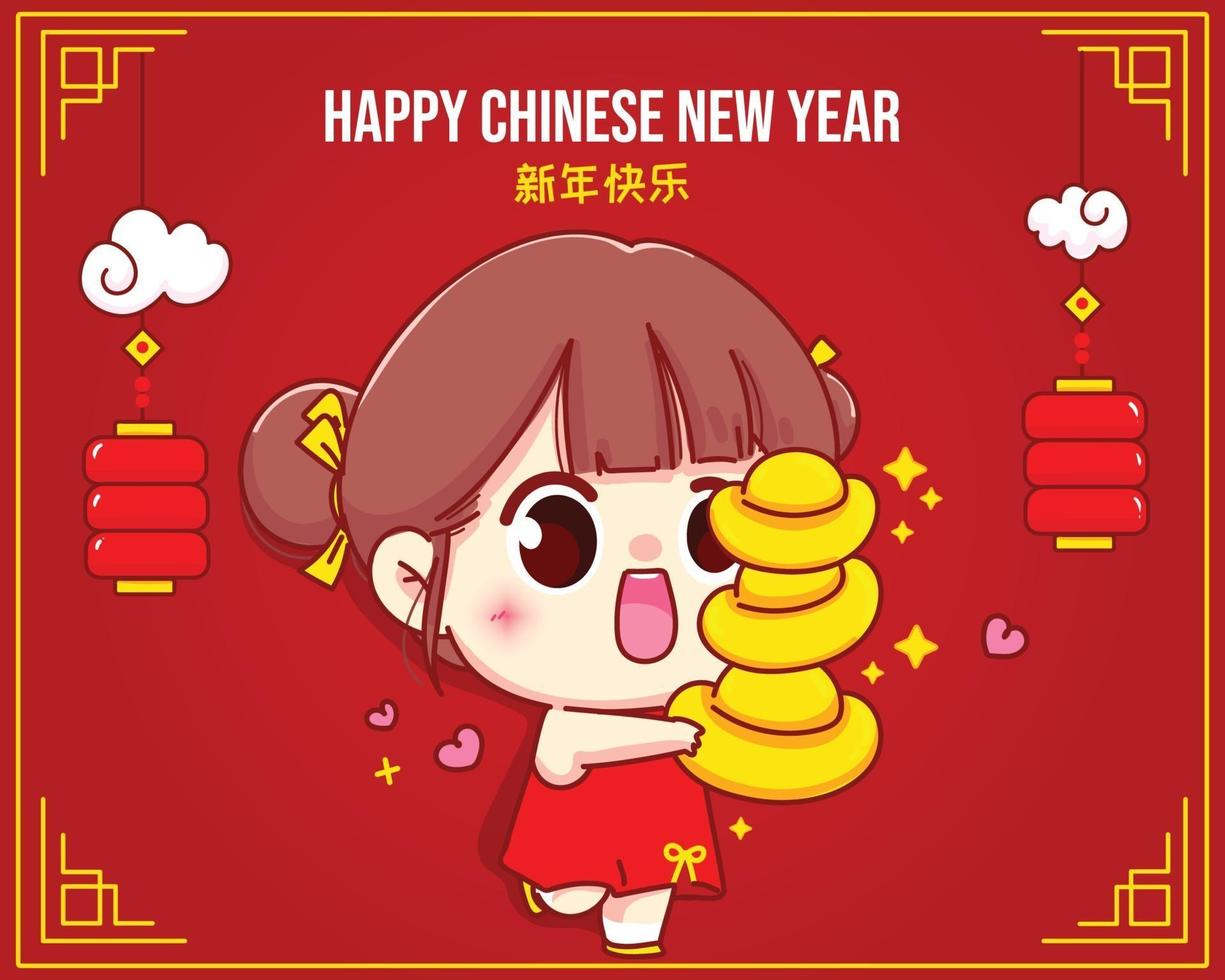ragazza carina che tiene oro cinese, illustrazione del personaggio dei cartoni animati di celebrazione del capodanno cinese felice vettore