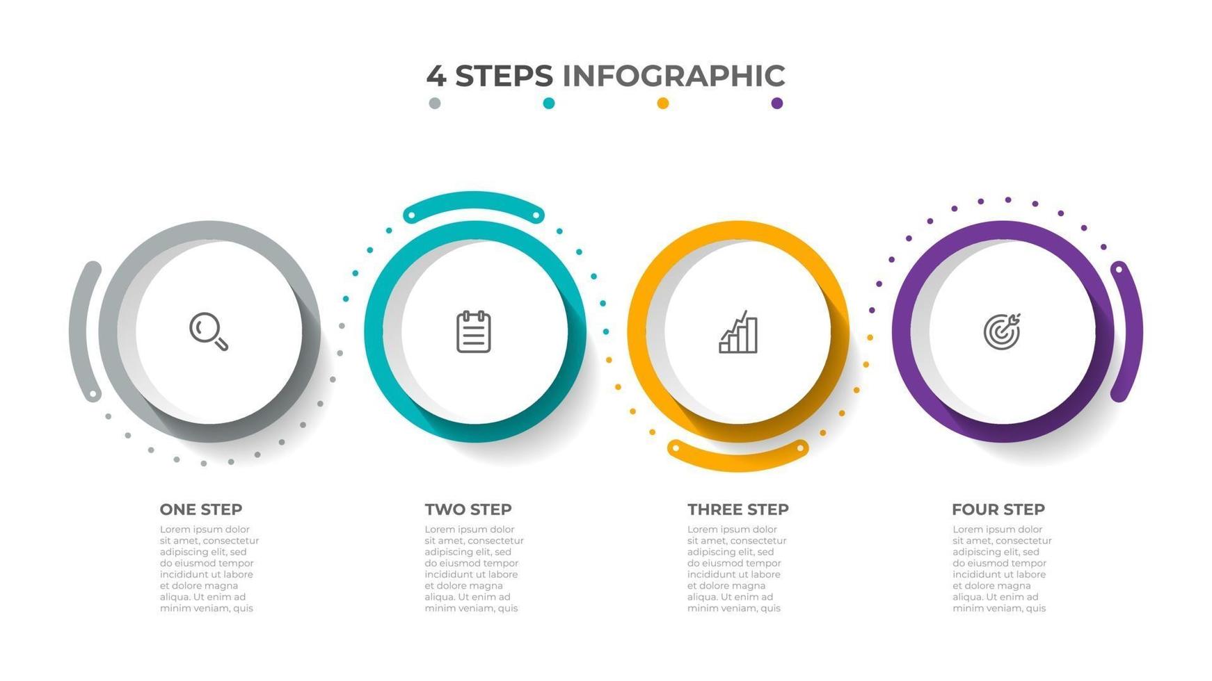 elementi grafici di informazioni colorate. processi della sequenza temporale con icone di marketing e 4 opzioni. modello di vettore. vettore