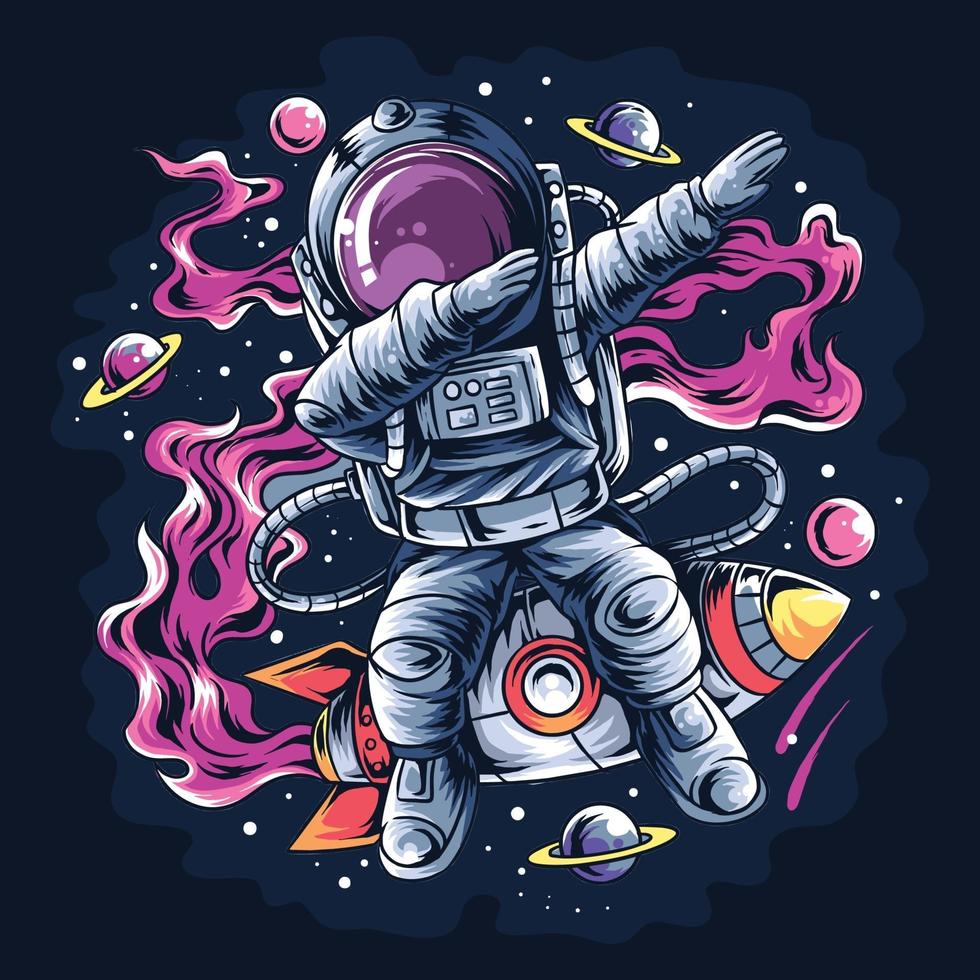 astronauta tamponando stile su un razzo spaziale con le stelle e i pianeti vettore
