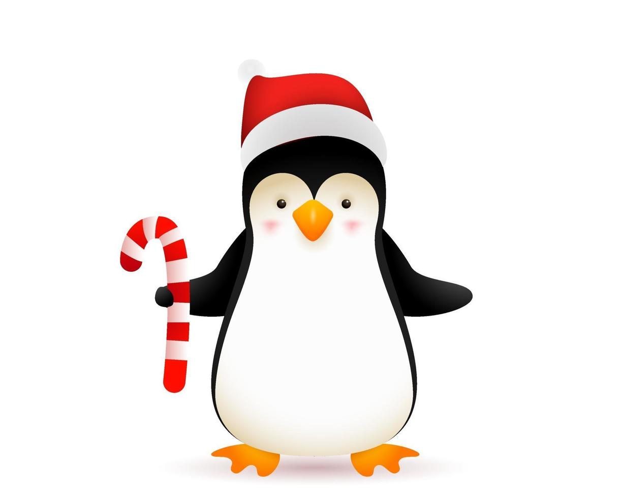 natale e felice anno nuovo. simpatico pinguino in piedi vettore