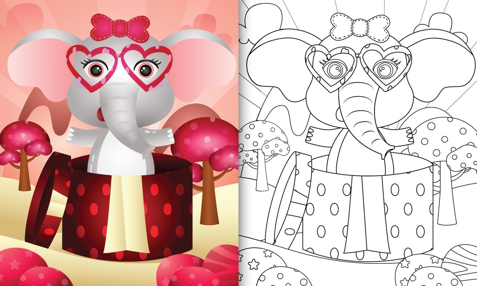 libro da colorare per bambini con un simpatico elefante nella confezione regalo per San Valentino vettore