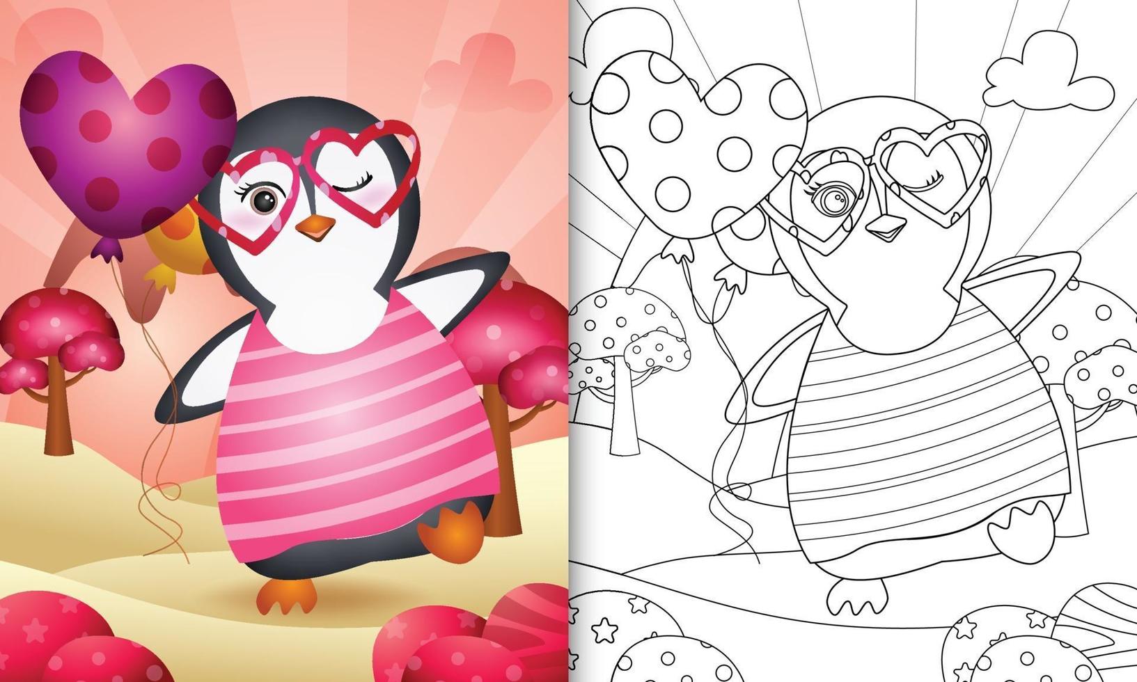 libro da colorare per bambini con un simpatico pinguino che tiene un palloncino per San Valentino vettore