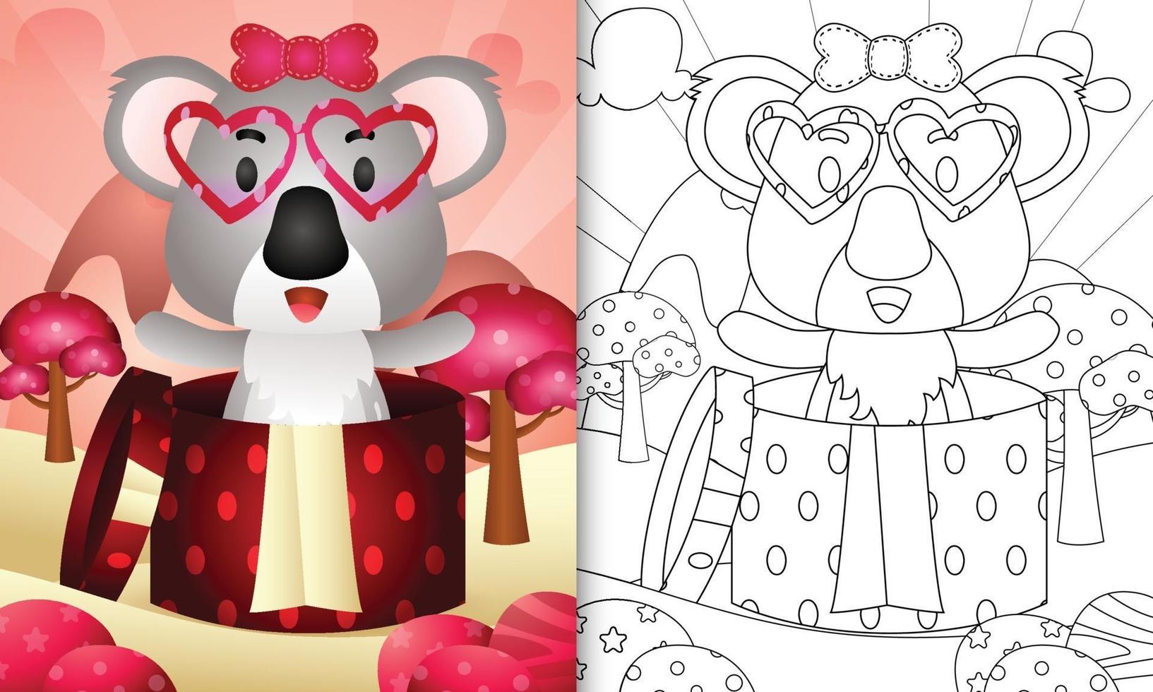 libro da colorare per bambini con un simpatico koala nella confezione regalo per San Valentino vettore