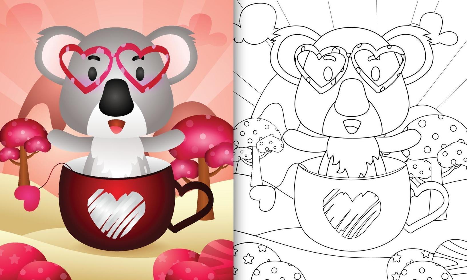 libro da colorare per bambini con un simpatico koala nella tazza per San Valentino vettore