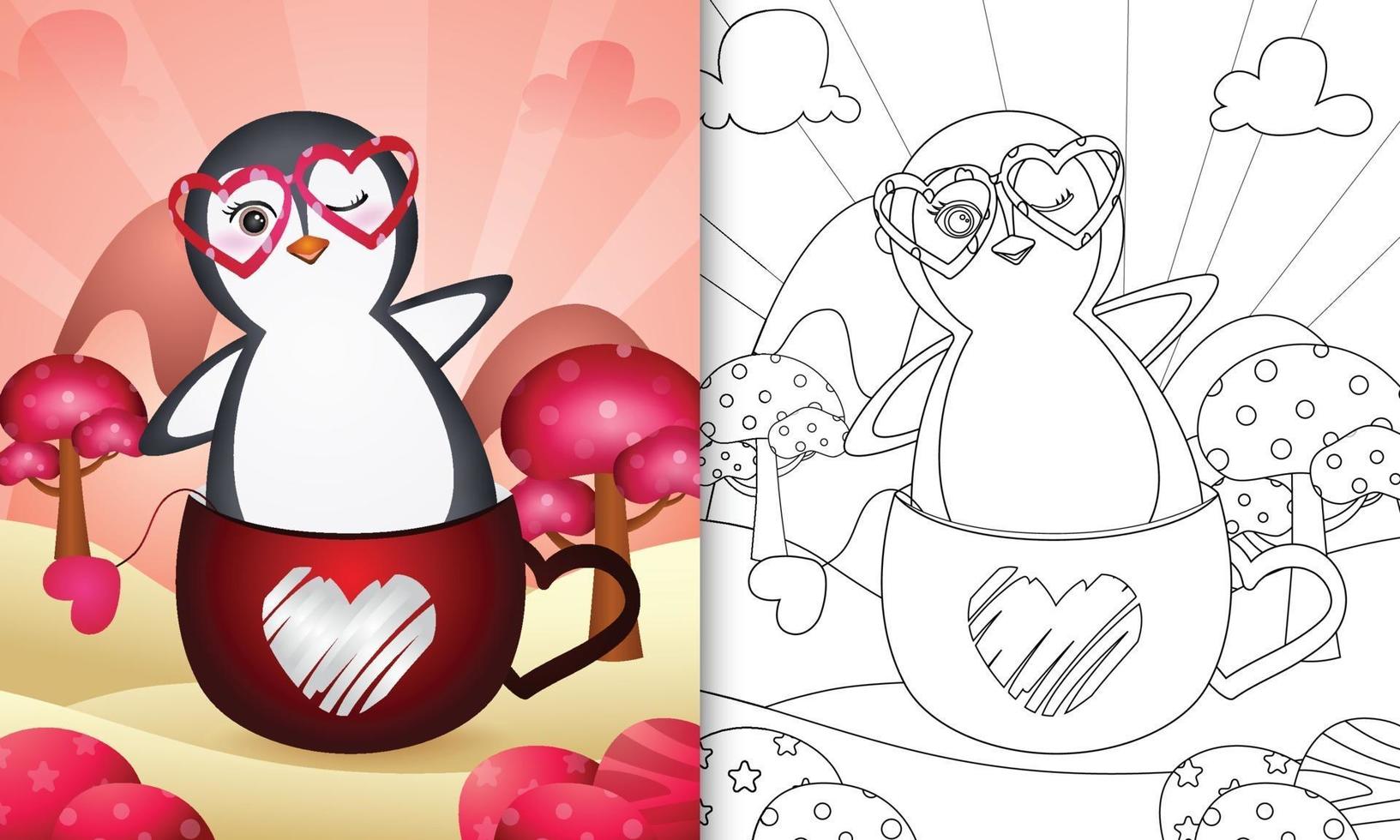 libro da colorare per bambini con un simpatico pinguino nella tazza per San Valentino vettore