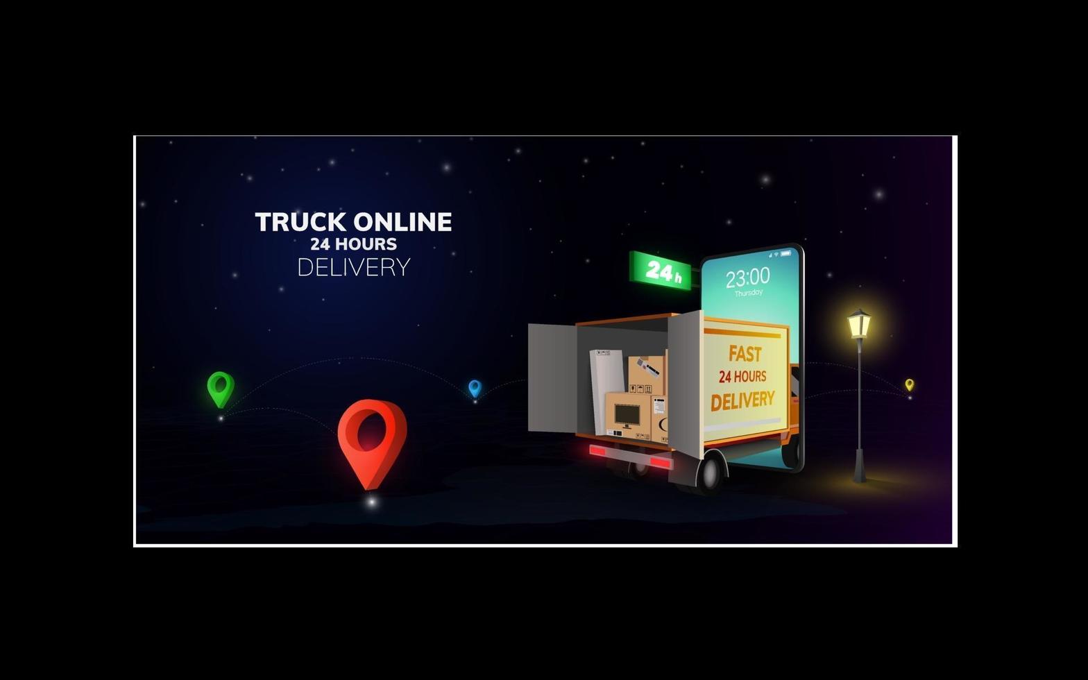 consegna furgone camion logistico globale online digitale sul sito web del telefono cellulare nel concetto di sfondo notturno vettore