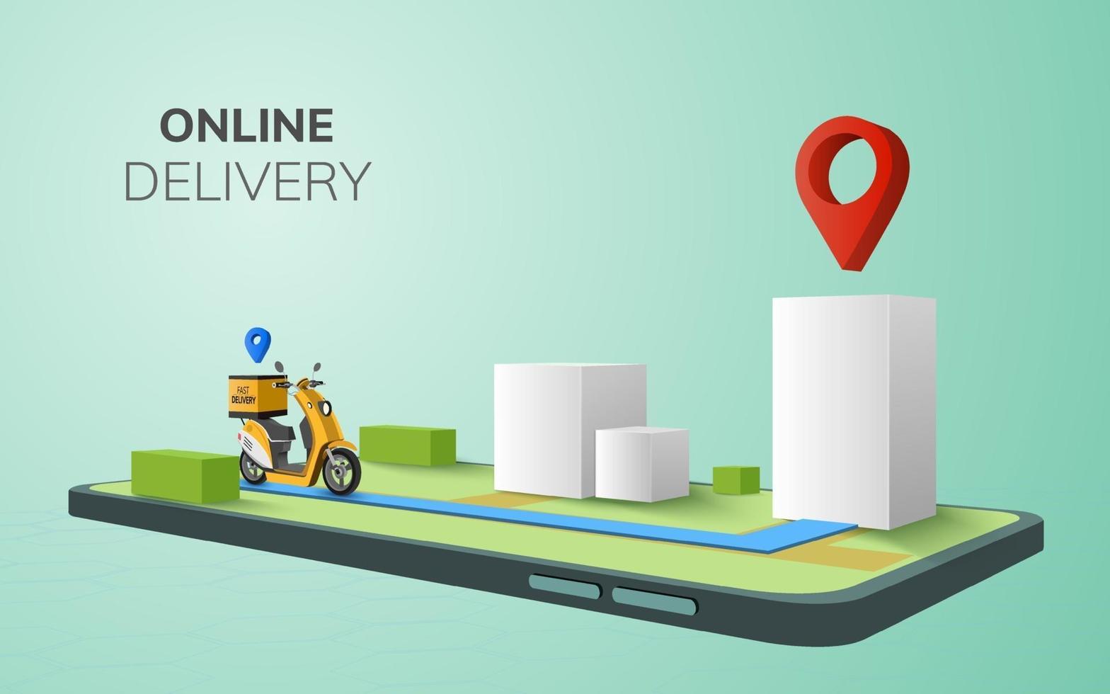 consegna online digitale su scooter in posizione con il concetto di sfondo del telefono cellulare vettore