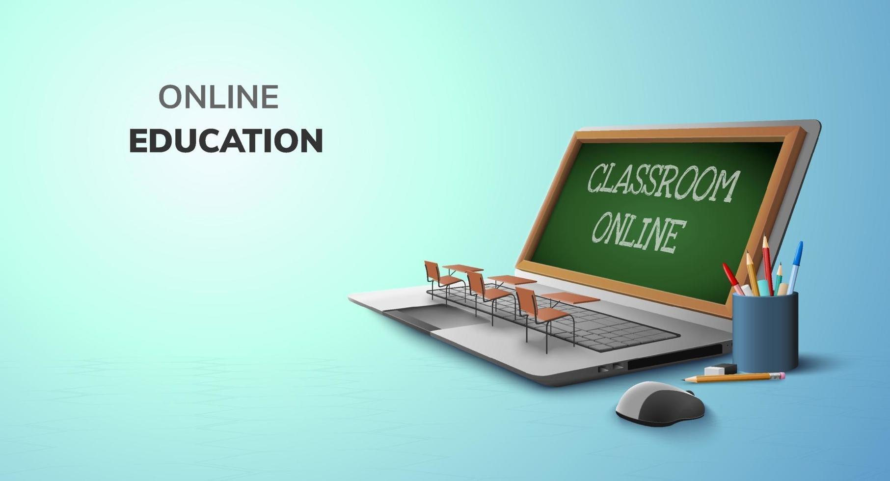formazione online in aula digitale su laptop e sfondo di uno spazio vuoto. concetto di distanza sociale del sito Web vettore