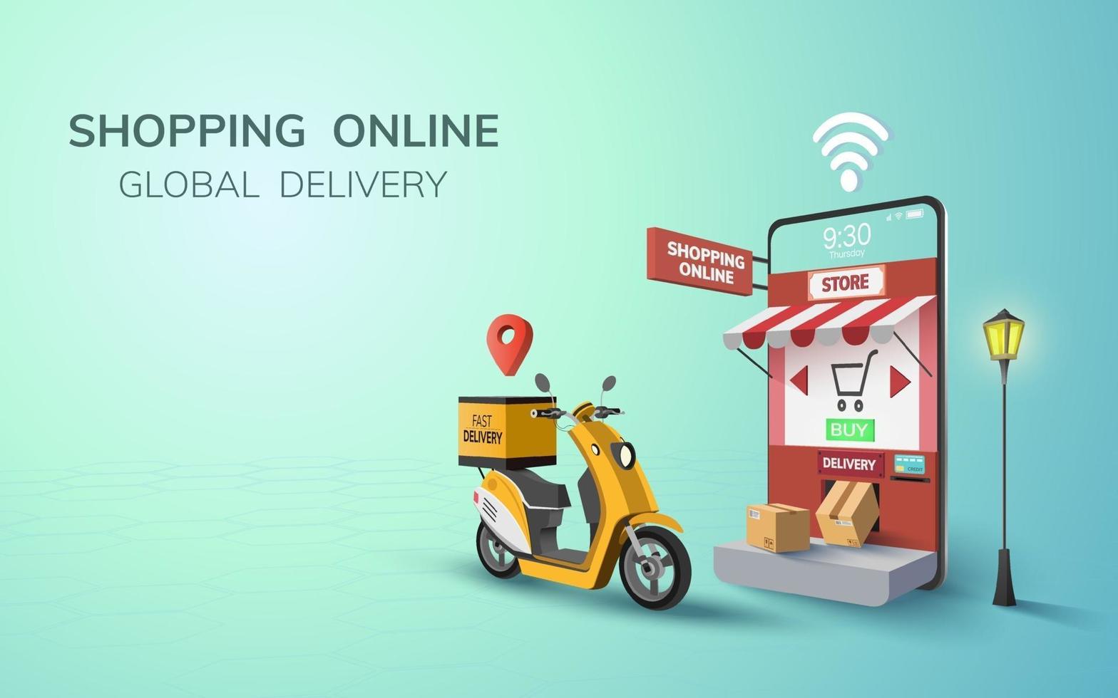 consegna globale gratuita online digitale su scooter con telefono cellulare nel concetto di sfondo del sito Web per la spedizione di cibo per passeggeri vettore