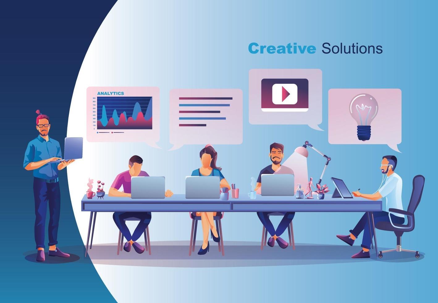 concetto di business, social media, apprendimento, le persone creano affari su Internet, analisi e risoluzione dei problemi, promozione del business online, brainstorming insieme nel lavoro di squadra vettore