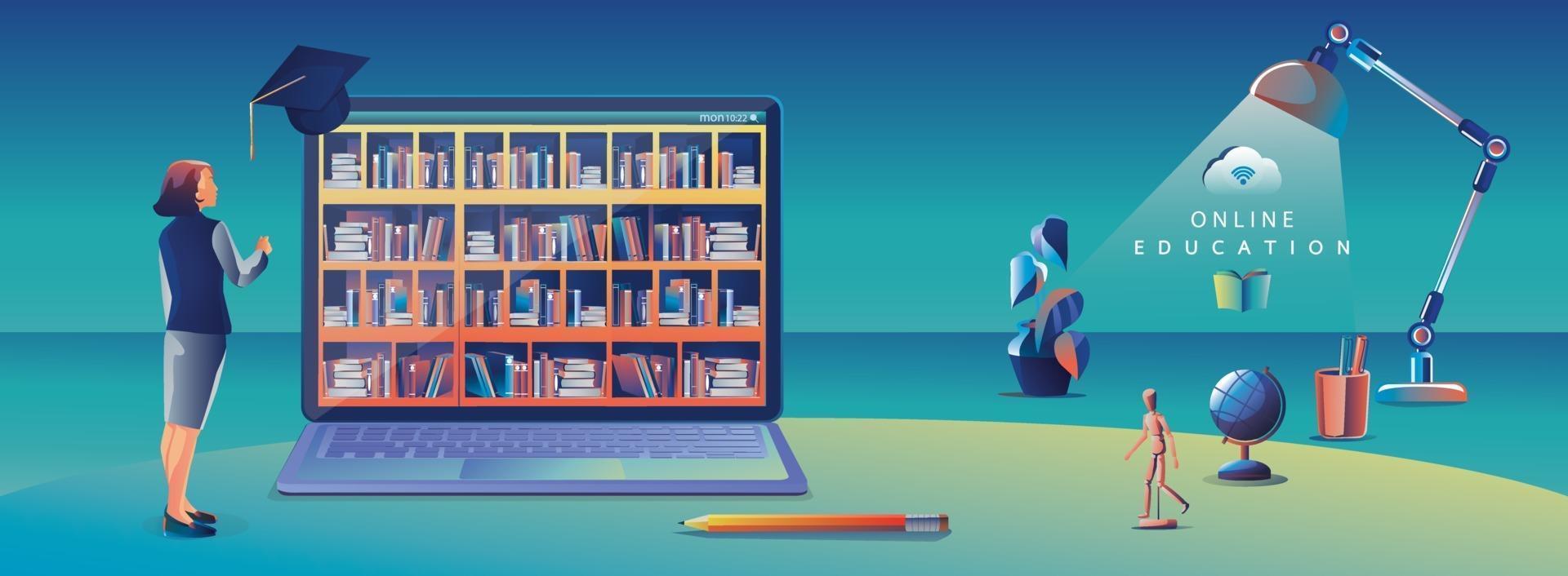 applicazione di istruzione online che apprende in tutto il mondo sul computer, sullo sfondo del sito Web mobile. concetto di distanza sociale. il corso di formazione in aula, illustrazione vettoriale libreria piatta