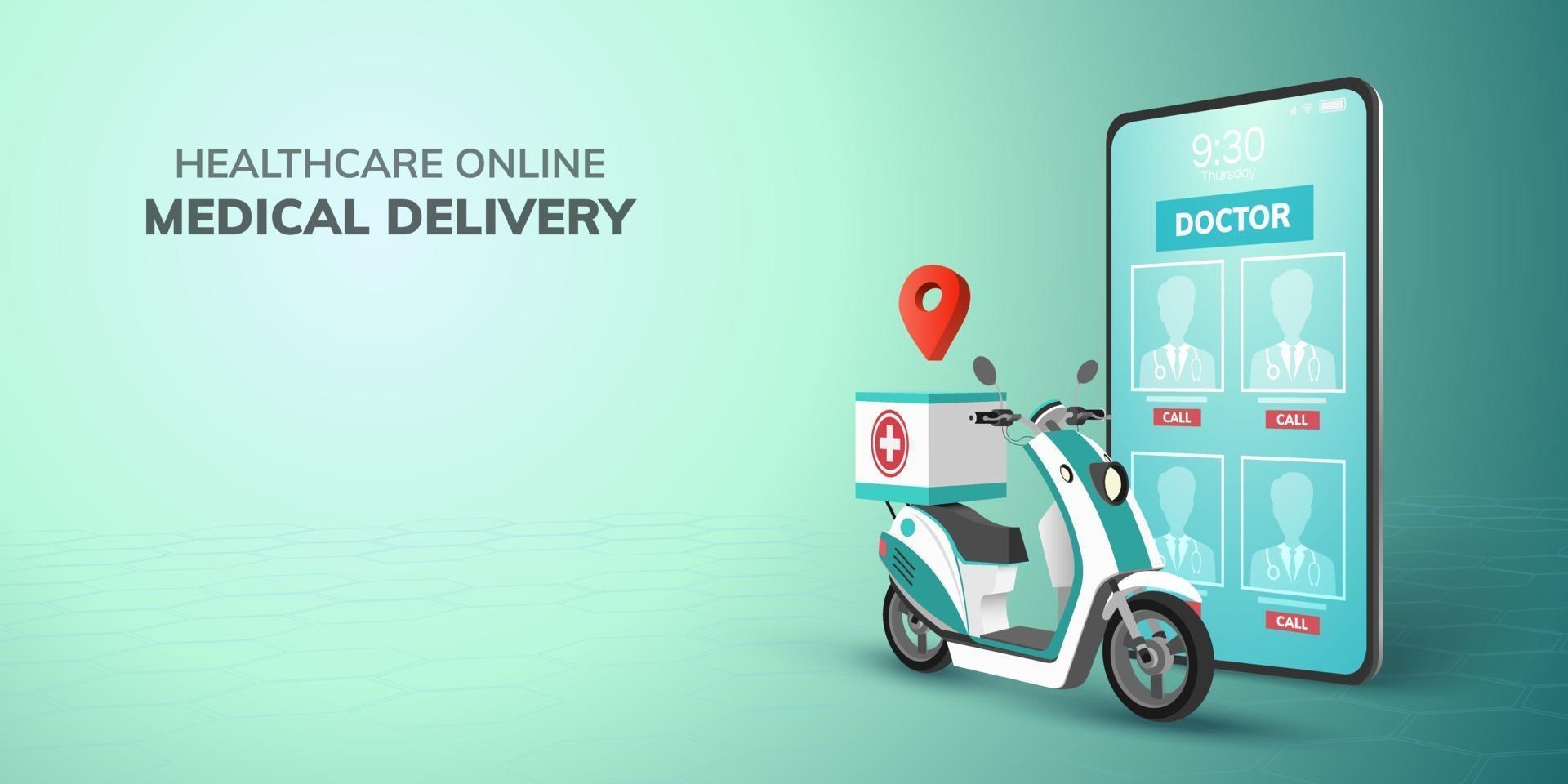 consegna del medico di trasporto sanitario online digitale su scooter con il concetto di sfondo del sito Web del telefono cellulare per assistenza sanitaria di emergenza vettore