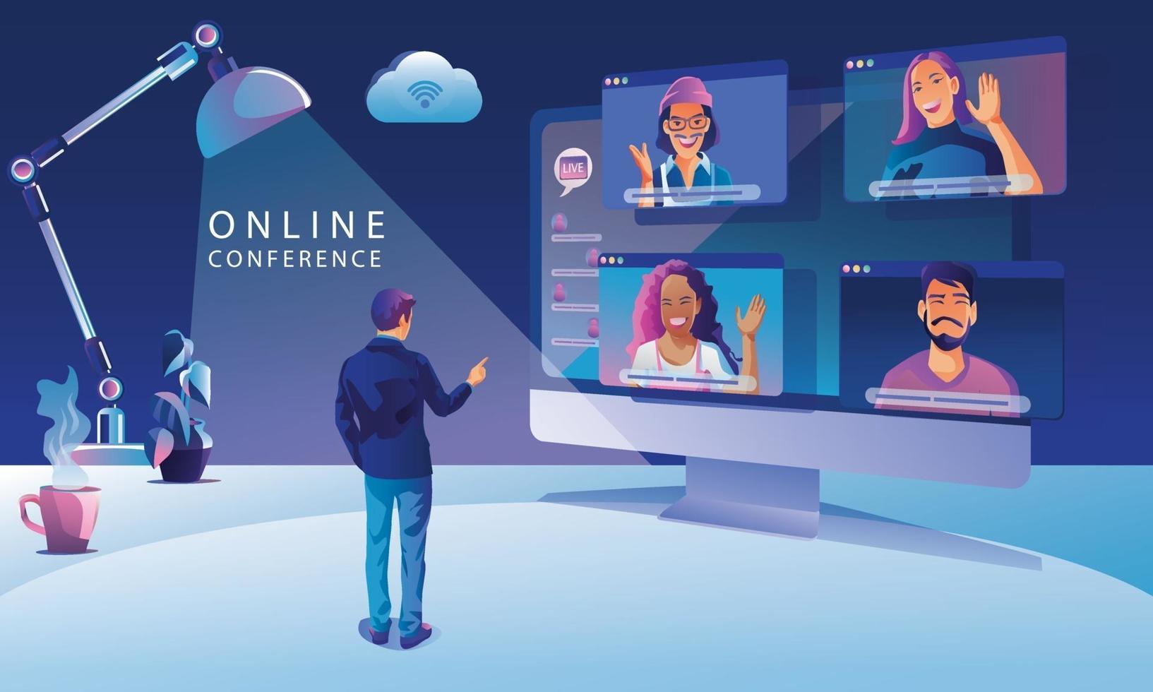 persone che lavorano sullo schermo della finestra a parlare con i colleghi. videoconferenza e pagina dell'area di lavoro della riunione online, illustrazione vettoriale di apprendimento uomo e donna, piatta