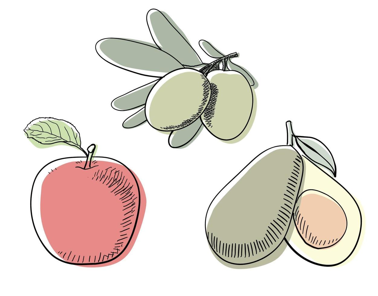 tre tipi di disegno al tratto di frutta colorata vettore