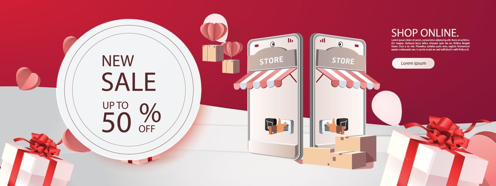arte di carta shopping online su banner backgroud promozione vendita smartphone per e-commerce di mercato. vettore