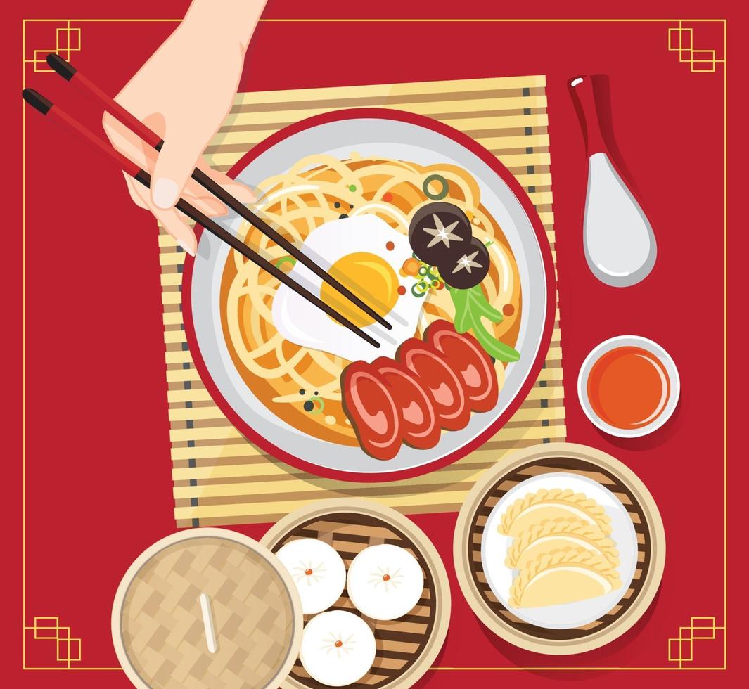zuppa cinese tradizionale con tagliatelle, zuppa di noodle in ciotola cinese illustrazione vettoriale cibo asiatico