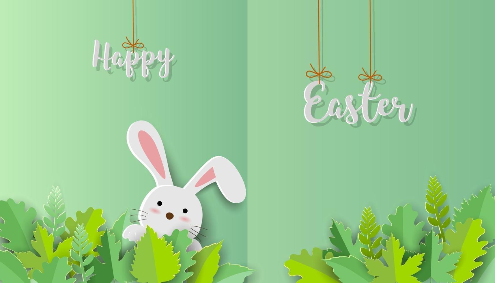 auguri di buona Pasqua con coniglietto carino su sfondo di arte di carta vettore