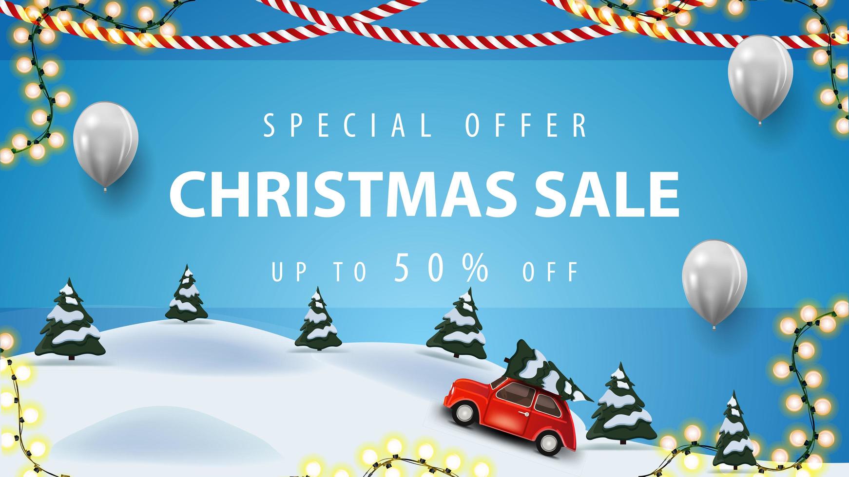 offerta speciale, saldi natalizi, fino a 50 di sconto, banner sconto blu con palloncini bianchi, ghirlande e paesaggio invernale dei cartoni animati con auto d'epoca rossa che trasportano albero di natale vettore