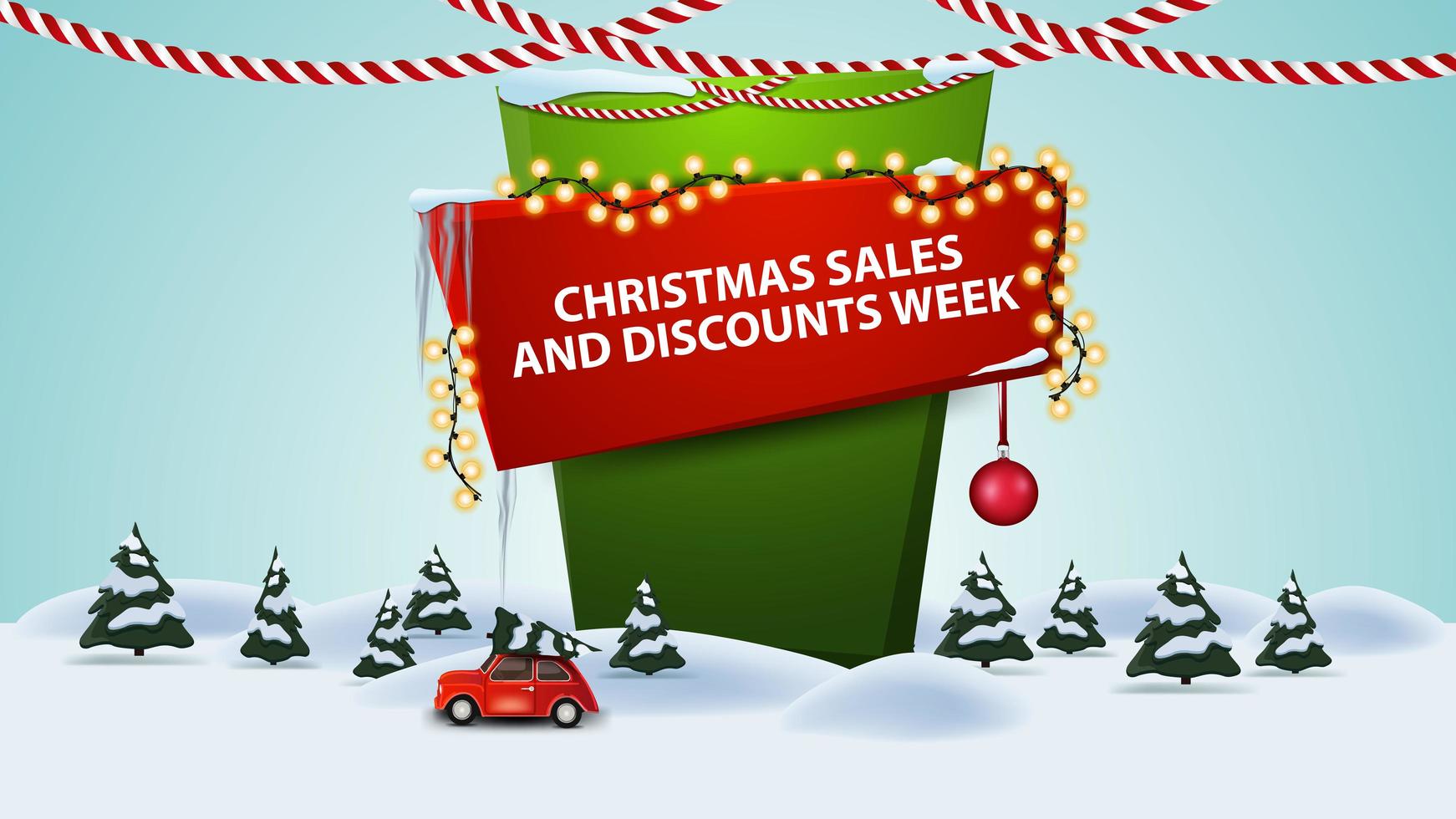 vendite natalizie e settimana di sconti, banner sconto cartone animato con paesaggio invernale con auto d'epoca rossa che trasportano albero di natale vettore