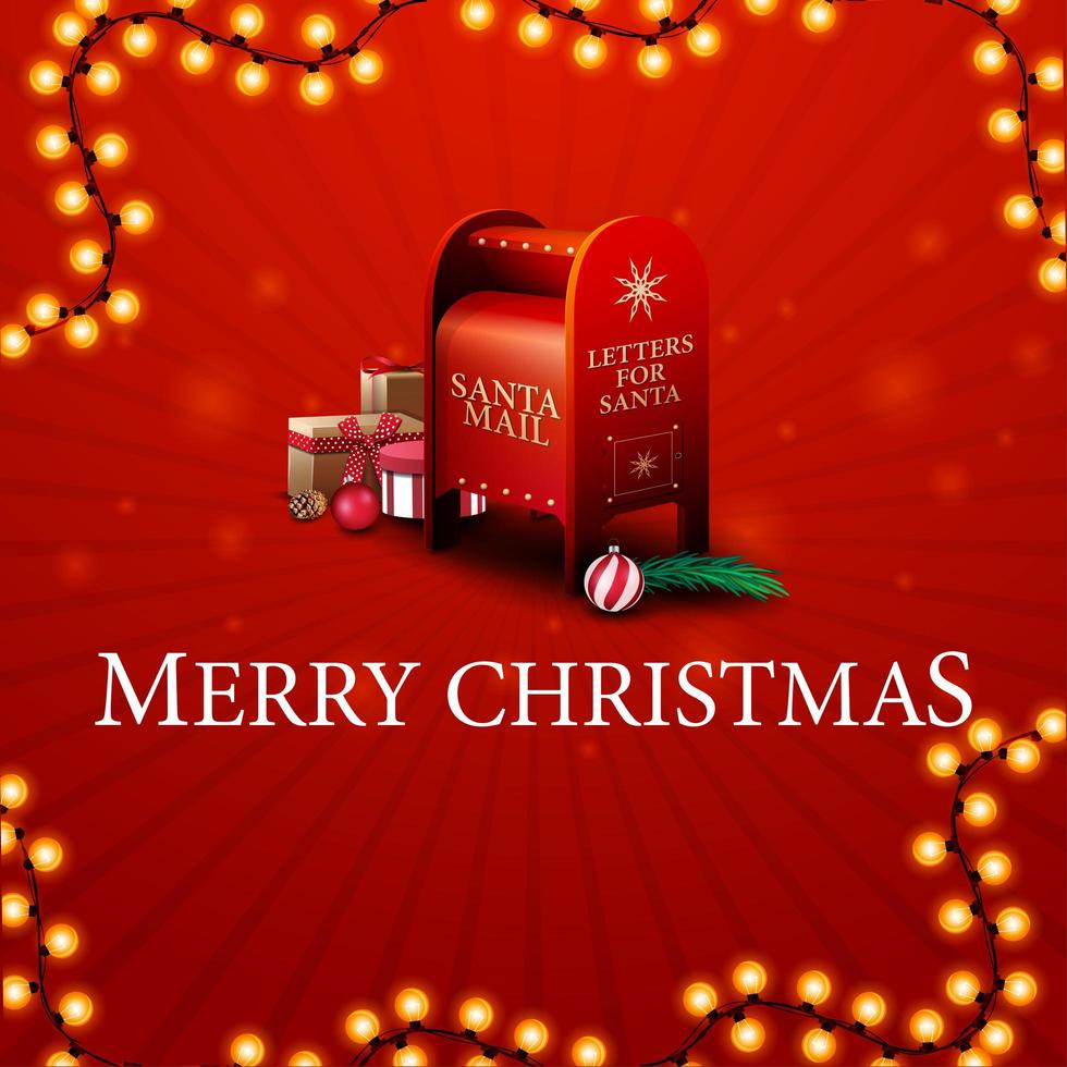 buon Natale, biglietto di auguri rosso con la cassetta delle lettere di Babbo Natale con regali vettore