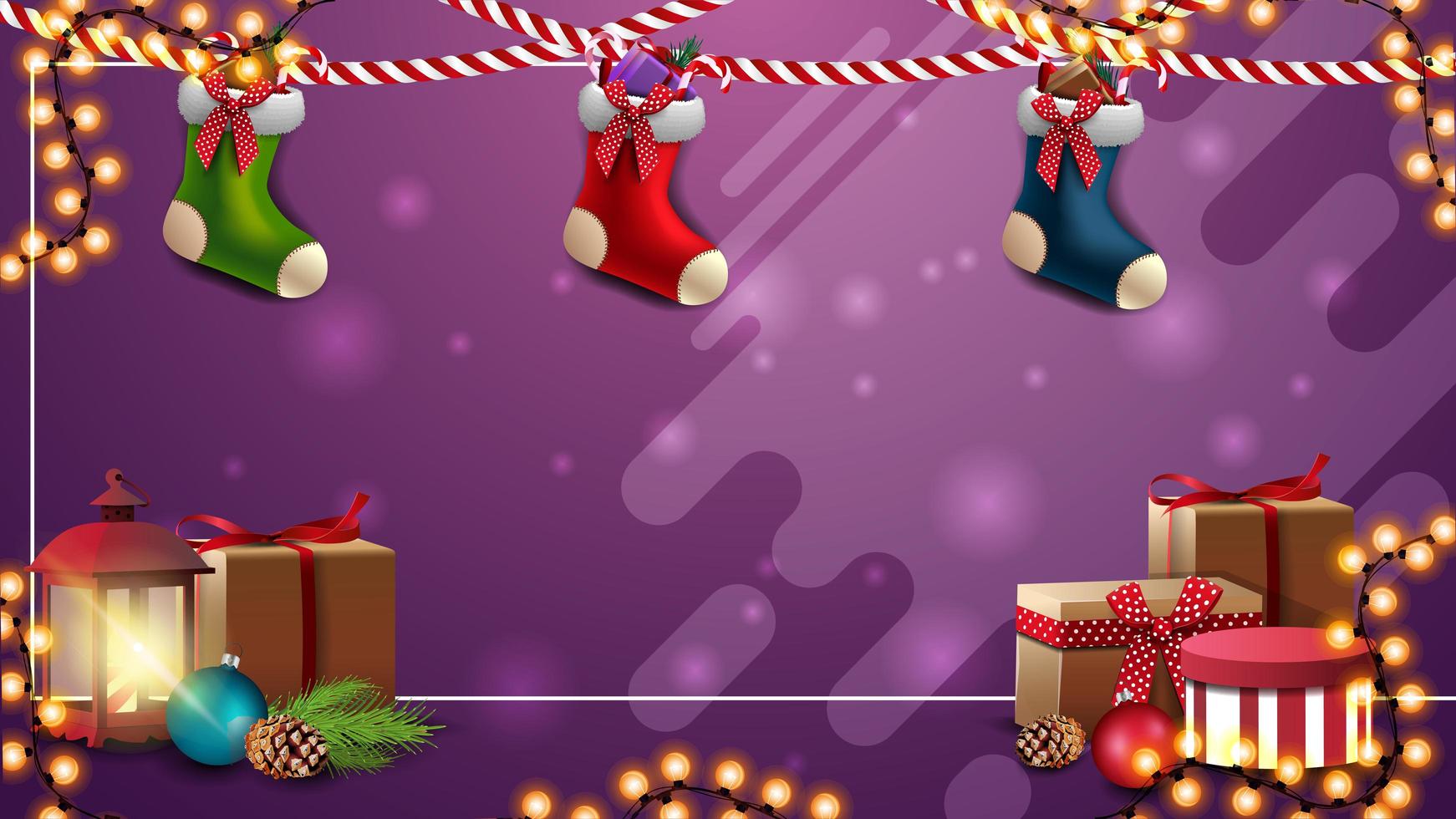 modello di natale viola per le tue arti con ghirlande, calze natalizie, regali e lanterna vintage vettore