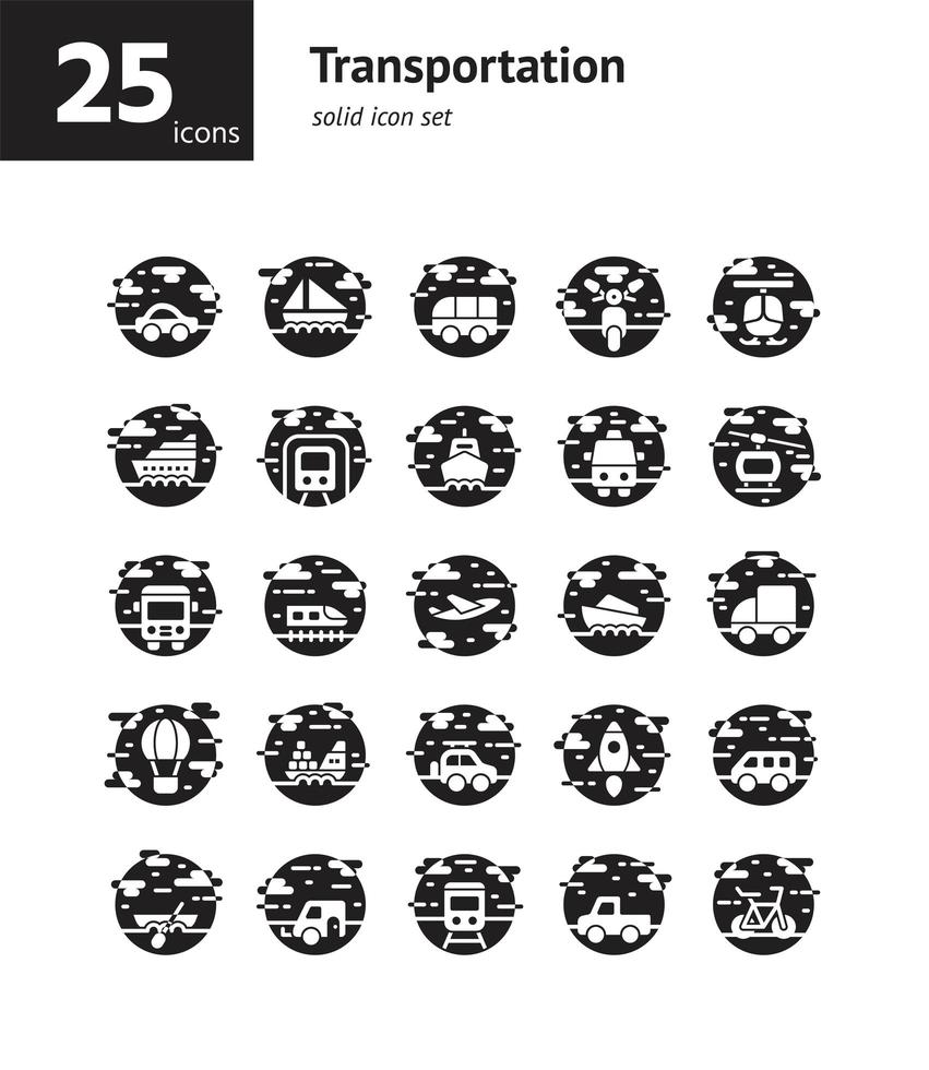 set di icone solido di trasporto. vettore e illustrazione.