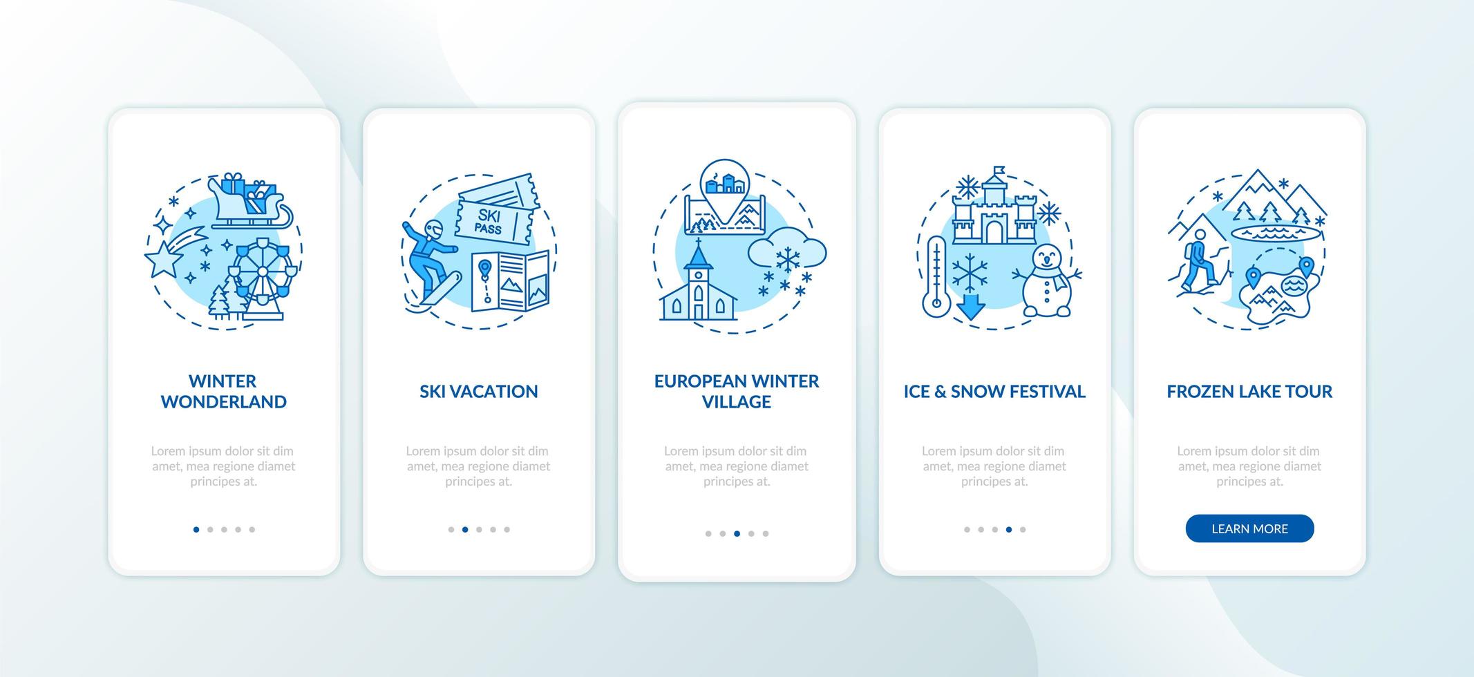 luoghi di vacanza invernale onboarding schermata della pagina dell'app mobile con concetti vettore
