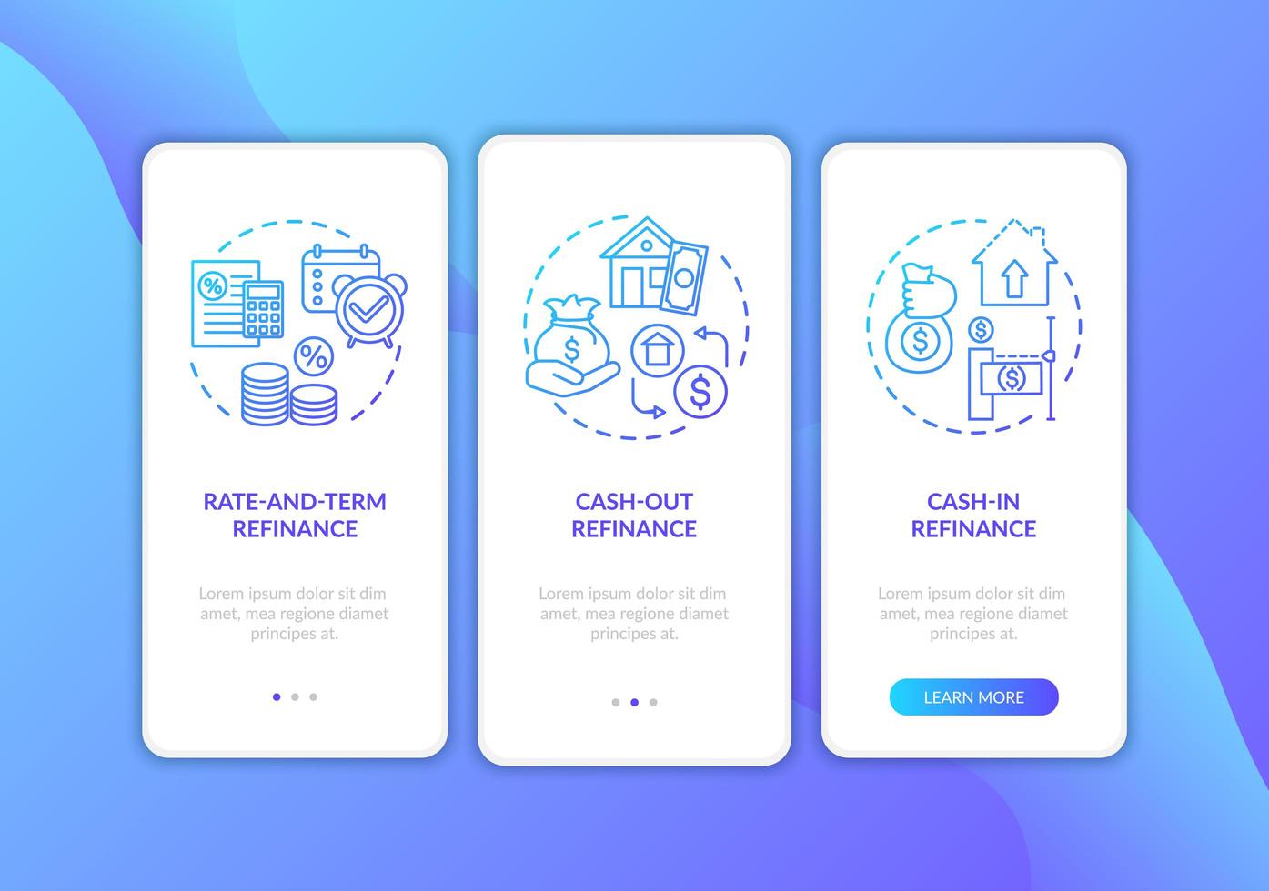 tipi di rifinanziamento ipotecario onboarding schermata della pagina dell'app mobile con concetti vettore