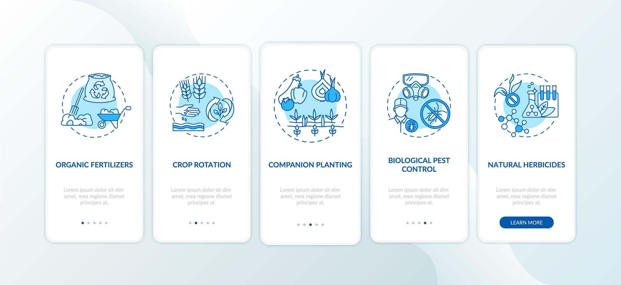 principi dell'agricoltura biologica onboarding schermata della pagina dell'app mobile con concetti vettore