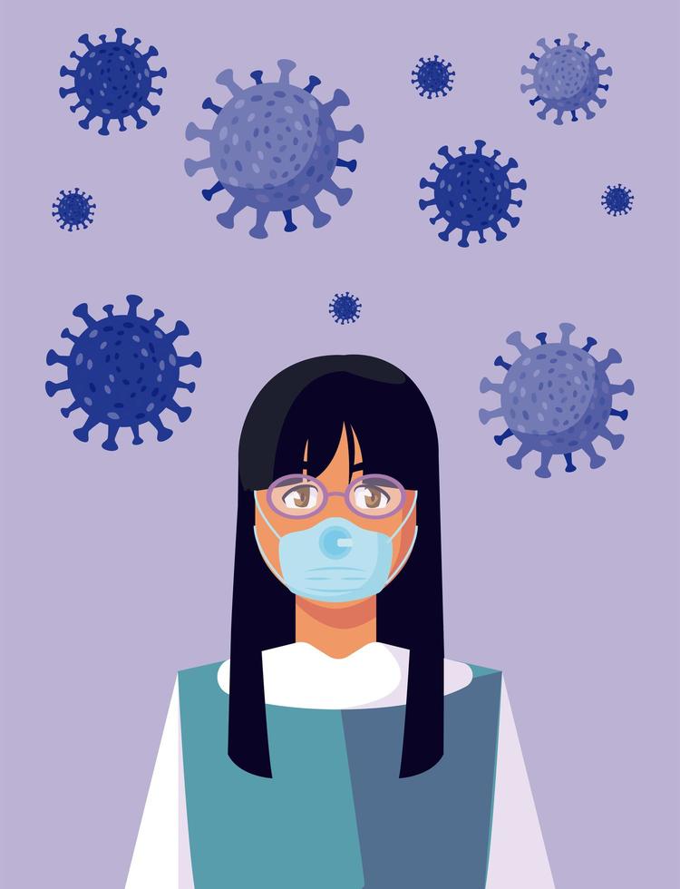 donna con maschera medica e disegno vettoriale virus covid 19