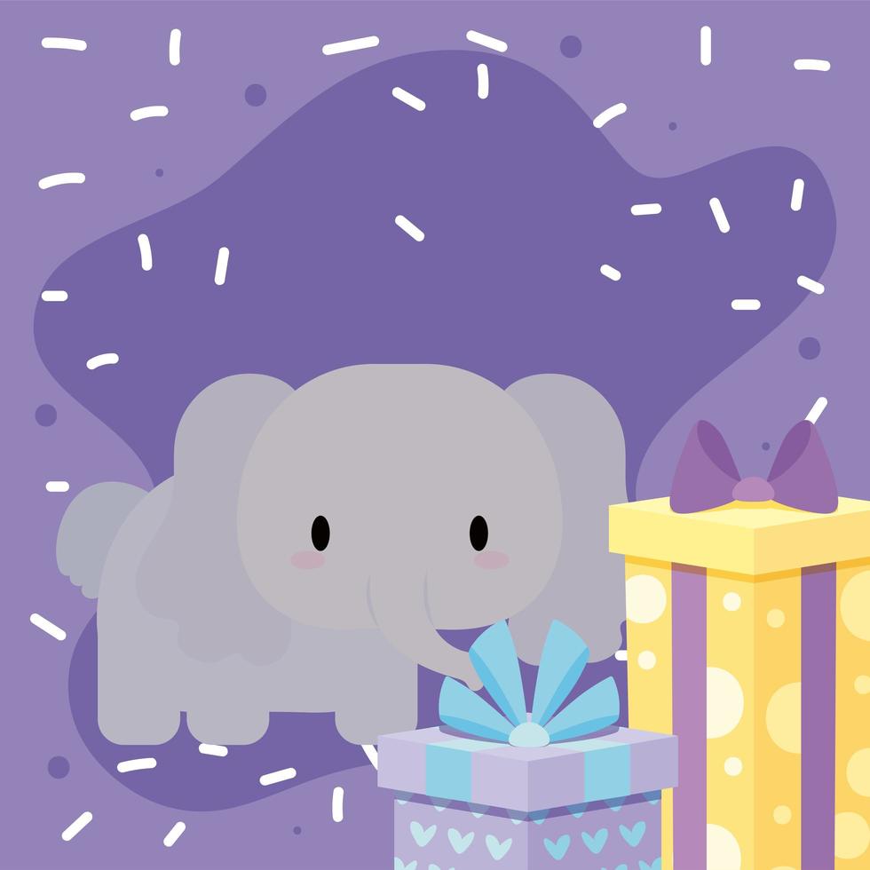 simpatico biglietto di auguri di compleanno con elefante kawaii vettore