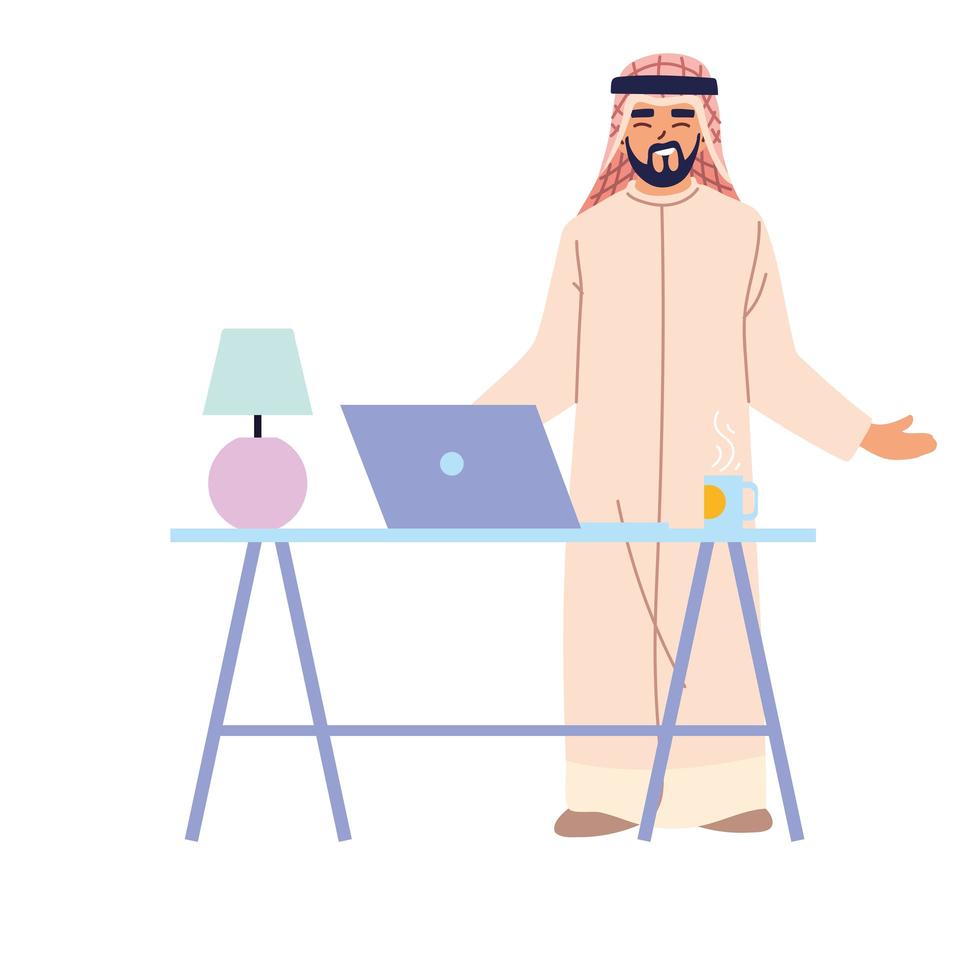cartone animato uomo arabo con il computer portatile sul disegno vettoriale scrivania
