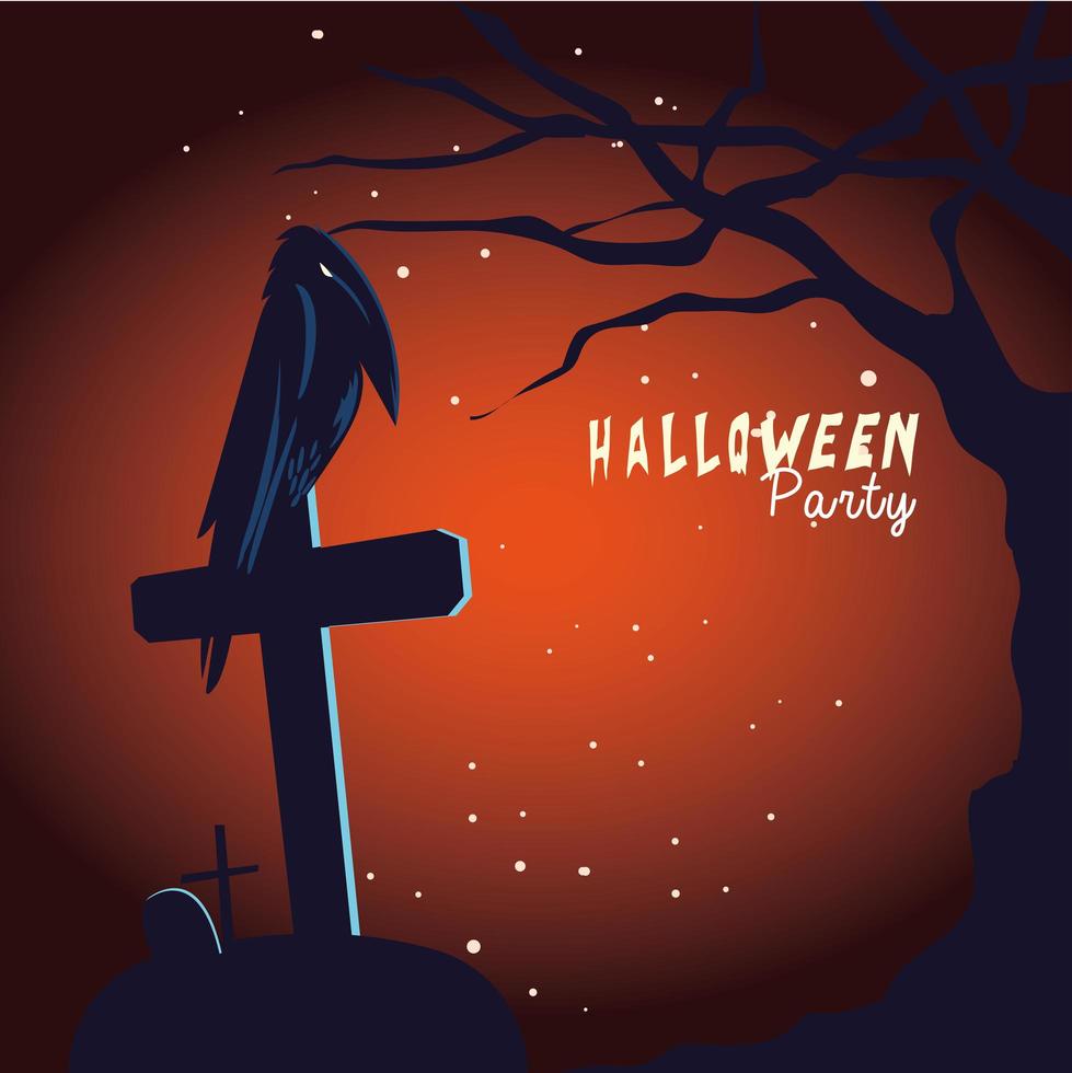 cartone animato corvo di halloween sulla tomba e disegno vettoriale albero