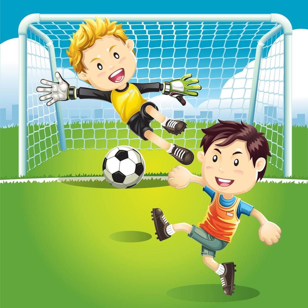 bambini che giocano a calcio all'aperto vettore