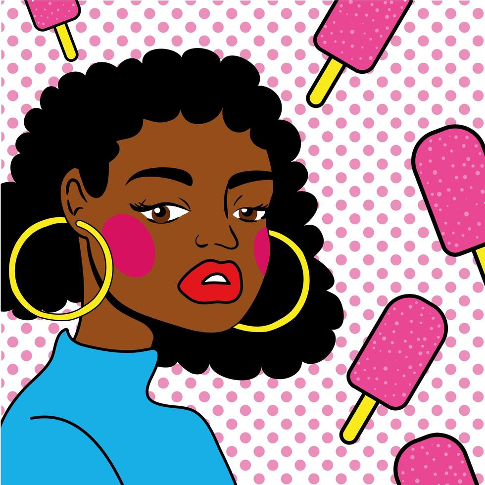 giovane donna afro con gelato in stile pop art vettore