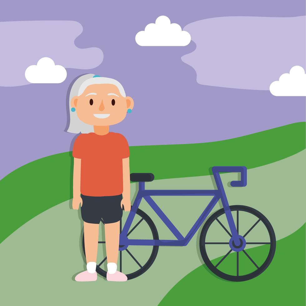 vecchia donna con carattere senior attivo della bicicletta vettore