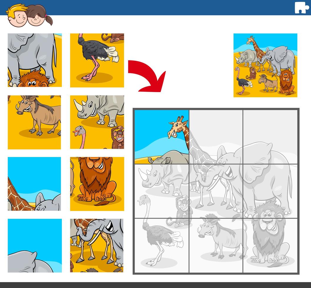 compito di puzzle con personaggi animali africani vettore