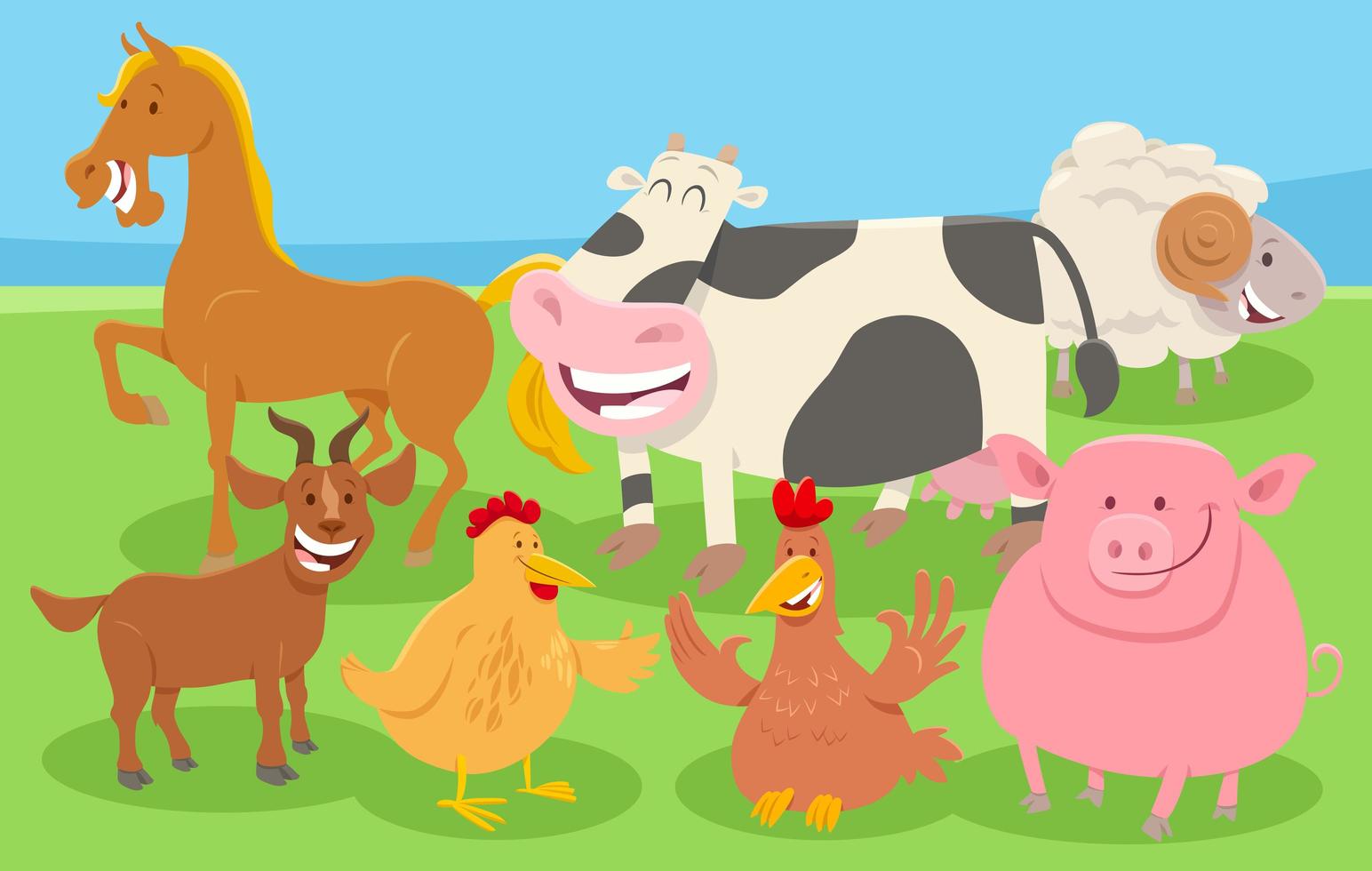 animali da fattoria dei cartoni animati in campagna vettore