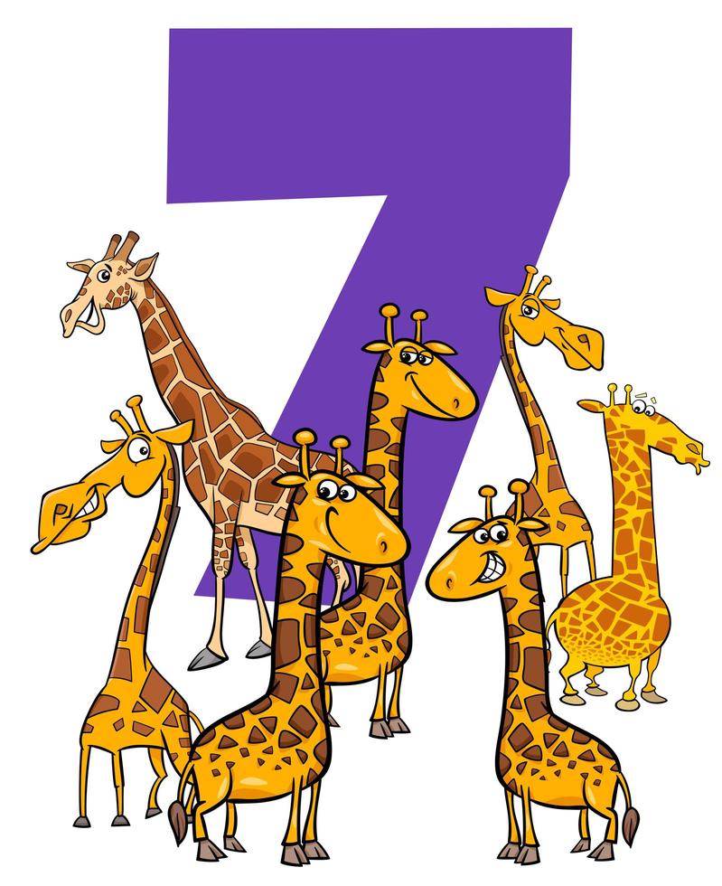 numero sette e gruppo di animali giraffa dei cartoni animati vettore