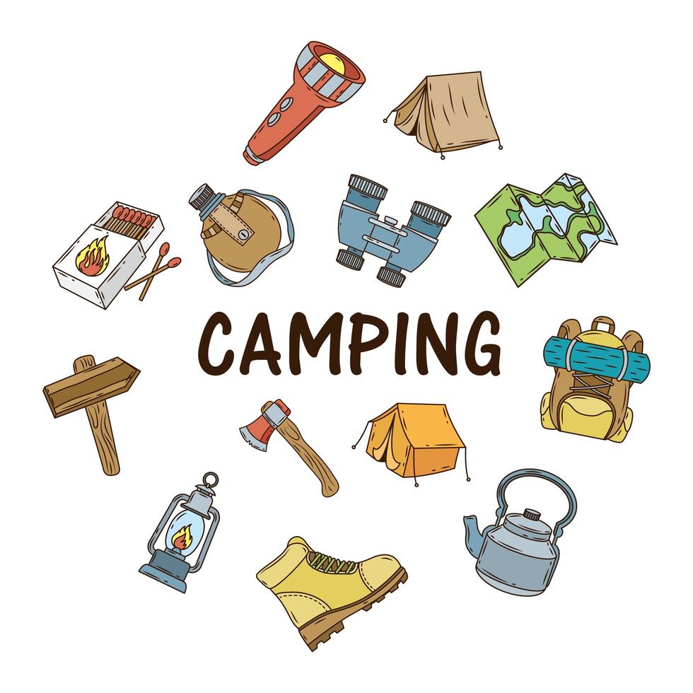pacchetto di icone e scritte da campeggio vettore