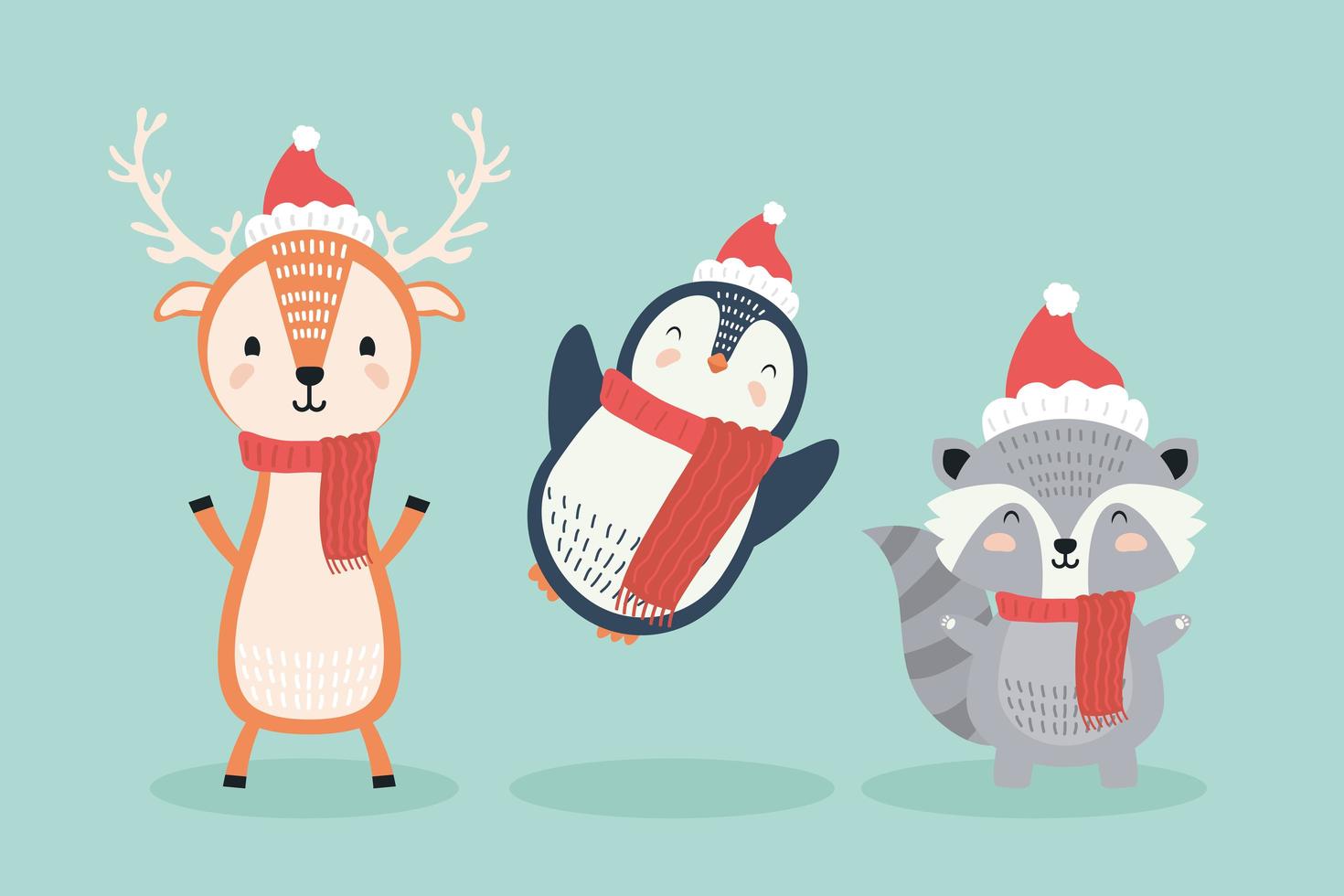 renne e pinguini con procione che indossa personaggi di abiti natalizi vettore
