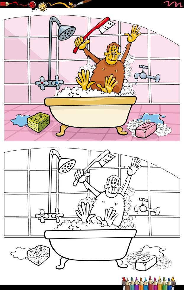 cartone animato divertente scimmia in bagno da colorare pagina del libro vettore