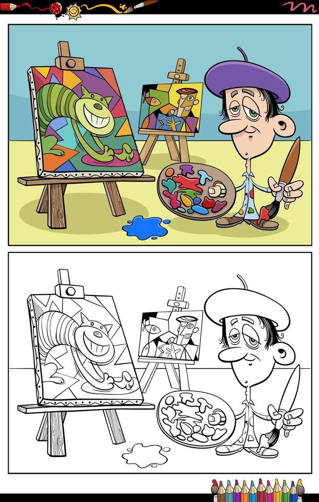 cartone animato divertente pittore in studio pagina del libro da colorare vettore
